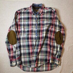 Tommy Hilfiger Heritage Poplin Plaid Button-Down Shirt L Multicolor Elbow Patche